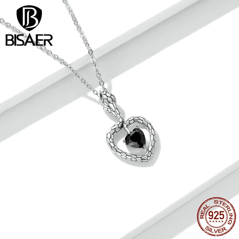 BISAER Vintage Snake Pendant Necklace 925 Sterling Silver 45cm Adjustable Chain Link Necklace Female Statement Jewelry EFN233