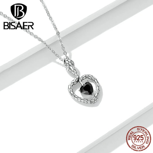 BISAER Vintage Snake Pendant Necklace 925 Sterling Silver 45cm Adjustable Chain Link Necklace Female Statement Jewelry EFN233