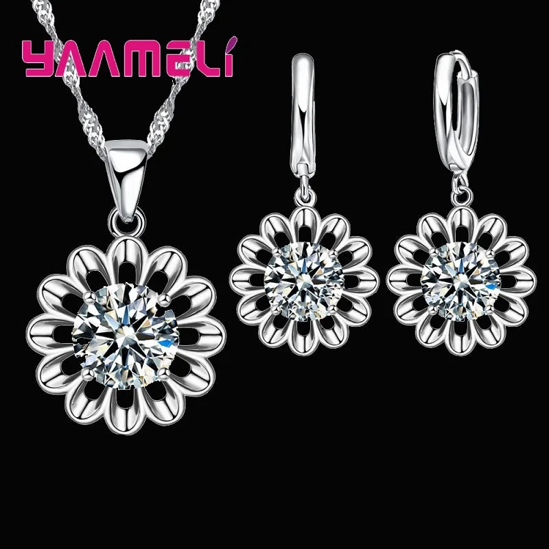 New Fashion 925 Sterling Silver Wedding Jewelry Set Women Top Quality Crystal Pendant Necklace Hoop Earring Big Promotion