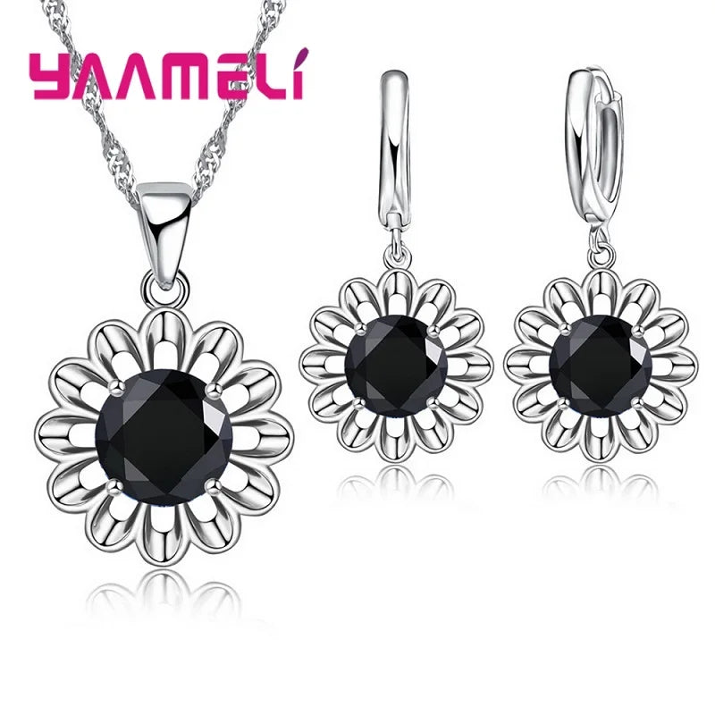 New Fashion 925 Sterling Silver Wedding Jewelry Set Women Top Quality Crystal Pendant Necklace Hoop Earring Big Promotion