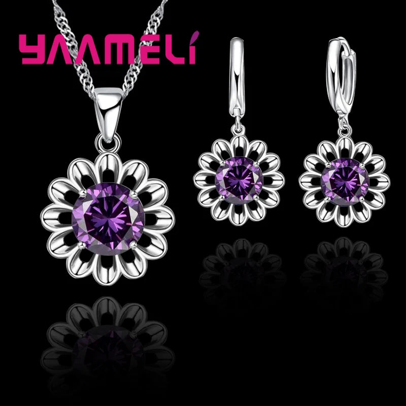 New Fashion 925 Sterling Silver Wedding Jewelry Set Women Top Quality Crystal Pendant Necklace Hoop Earring Big Promotion