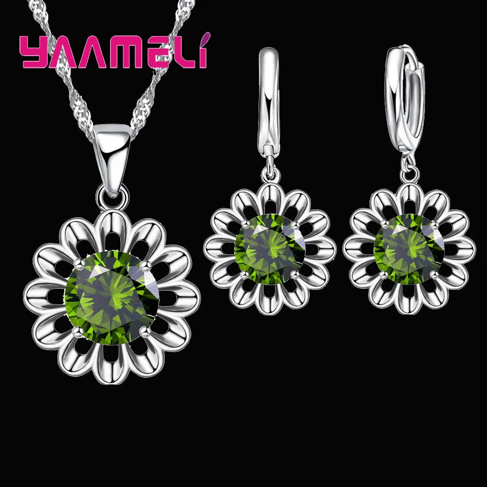 Neue Mode 925 Sterling Silber Hochzeit Schmuck Set Frauen Top Qualität Kristall Anhänger Halskette Hoop Ohrring Große Förderung