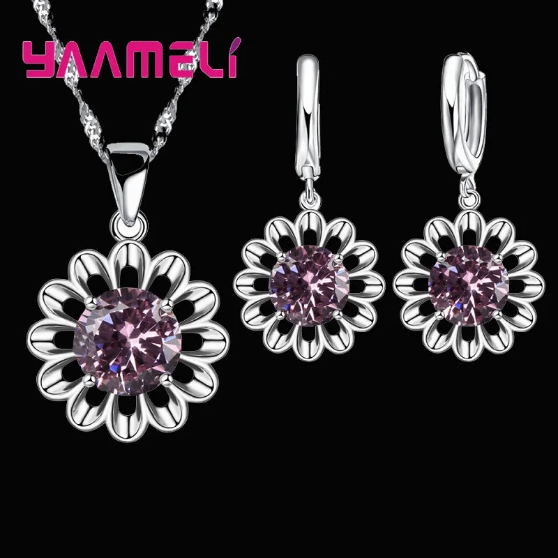 New Fashion 925 Sterling Silver Wedding Jewelry Set Women Top Quality Crystal Pendant Necklace Hoop Earring Big Promotion