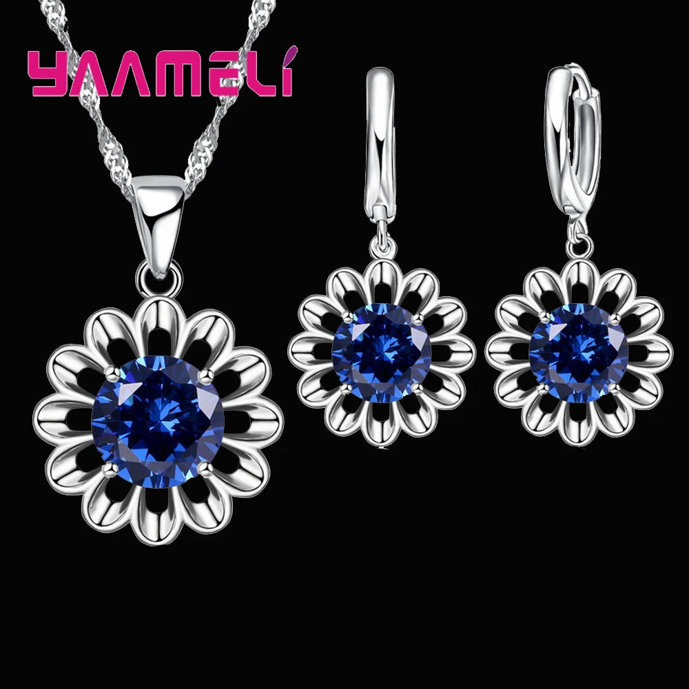 Neue Mode 925 Sterling Silber Hochzeit Schmuck Set Frauen Top Qualität Kristall Anhänger Halskette Hoop Ohrring Große Förderung