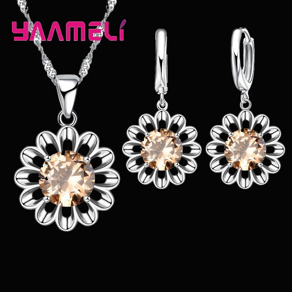 New Fashion 925 Sterling Silver Wedding Jewelry Set Women Top Quality Crystal Pendant Necklace Hoop Earring Big Promotion