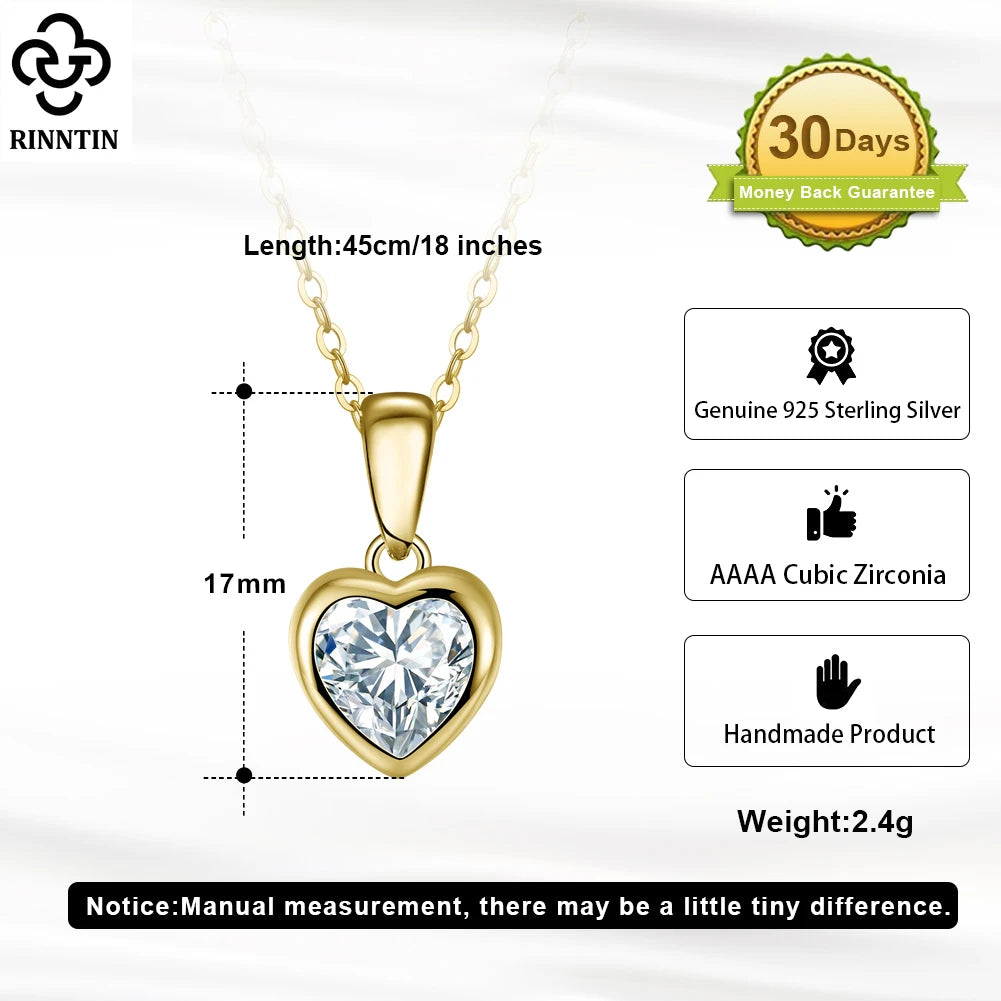 Rinntin Genuine 925 Sterling Silver Heart Shape Necklace with 5A Clear CZ Neck Chain for Women Fashion Fine Jewelry APN04