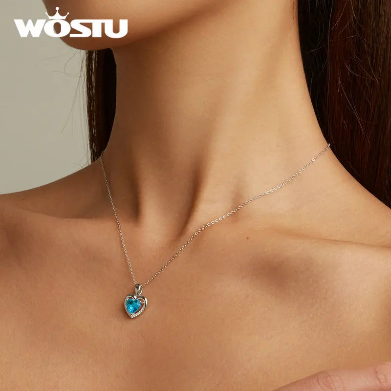 WOSTU 925 Sterling Silver Heart Blue Zircon White Zircon Necklace for Women Party Fine Jewelry Wedding Anniversary Date Gift