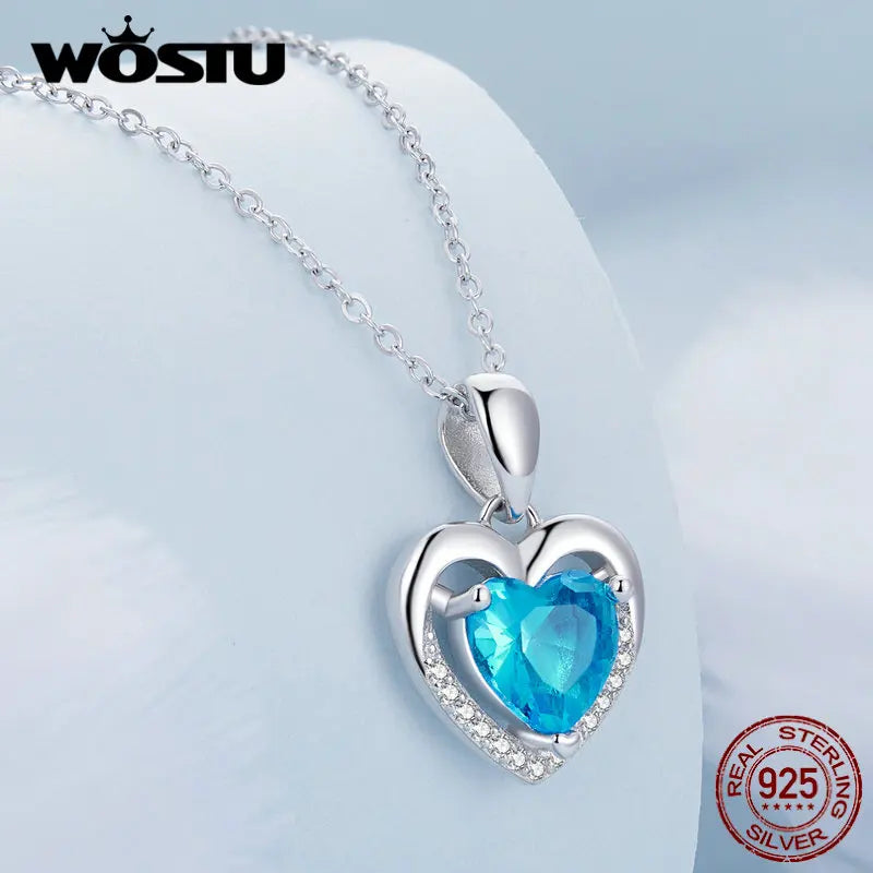 WOSTU 925 Sterling Silver Heart Blue Zircon White Zircon Necklace for Women Party Fine Jewelry Wedding Anniversary Date Gift