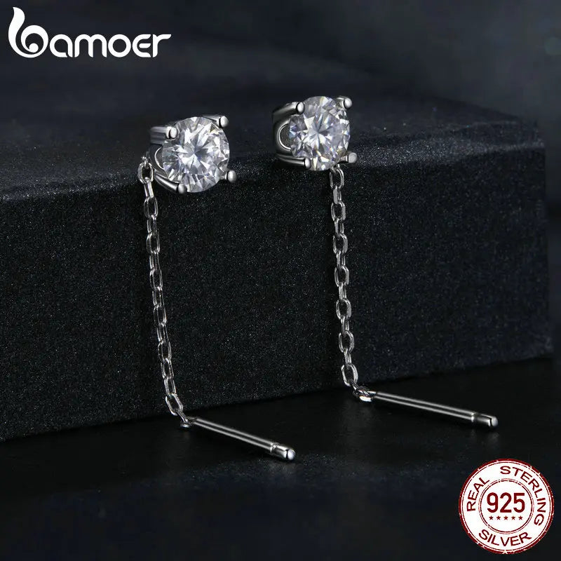 BAMOER Moissanite Threader/Drop Earrings for Women, 925 Sterling Silver Moissanite Platinum Plated Chain Hypoallergenic Earrings