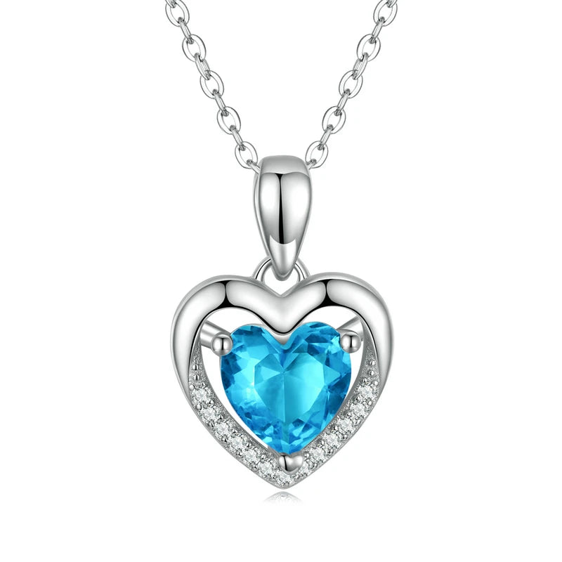 WOSTU 925 Sterling Silver Heart Blue Zircon White Zircon Necklace for Women Party Fine Jewelry Wedding Anniversary Date Gift