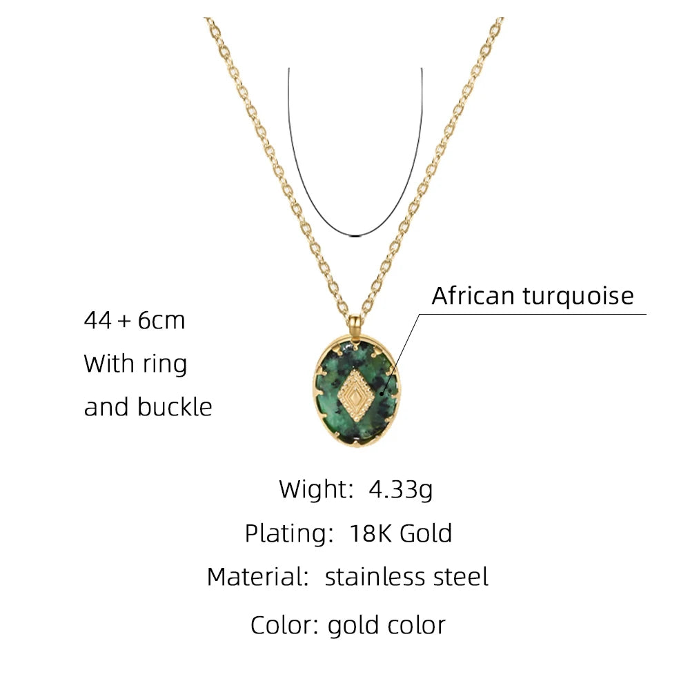 Stainless Steel Chains Necklace for Women with Turquoise Natural Stone Pendant – 18K Gold Plated Trendy Jewelry Gift