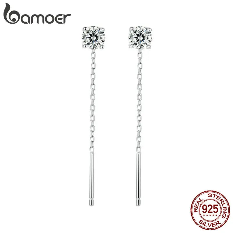 BAMOER Moissanite Threader/Drop Earrings for Women, 925 Sterling Silver Moissanite Platinum Plated Chain Hypoallergenic Earrings