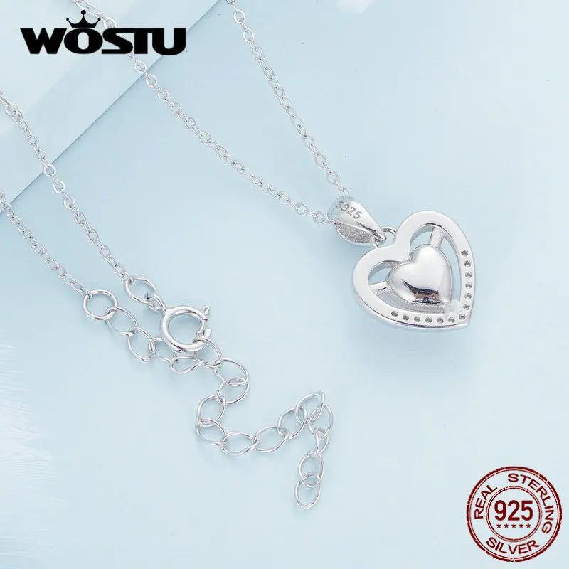 WOSTU 925 Sterling Silver Heart Blue Zircon White Zircon Necklace for Women Party Fine Jewelry Wedding Anniversary Date Gift