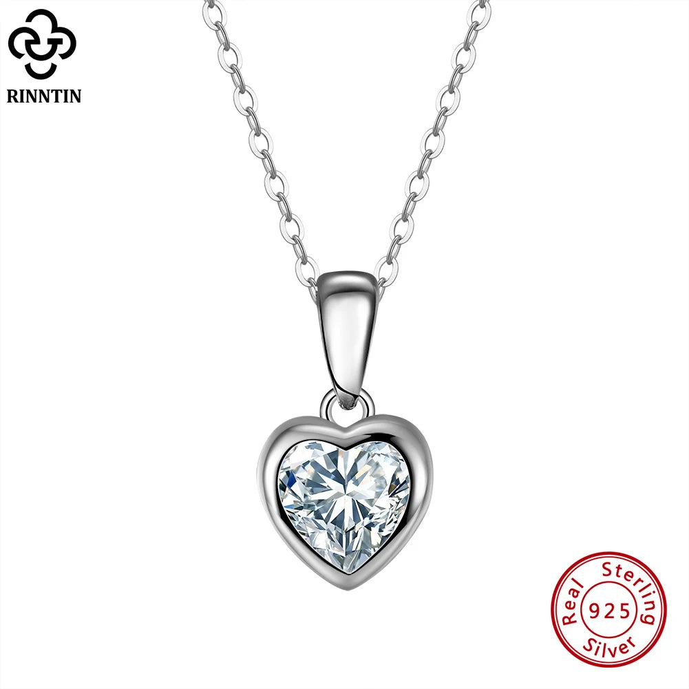 Rinntin Genuine 925 Sterling Silver Heart Shape Necklace with 5A Clear CZ Neck Chain for Women Fashion Fine Jewelry APN04