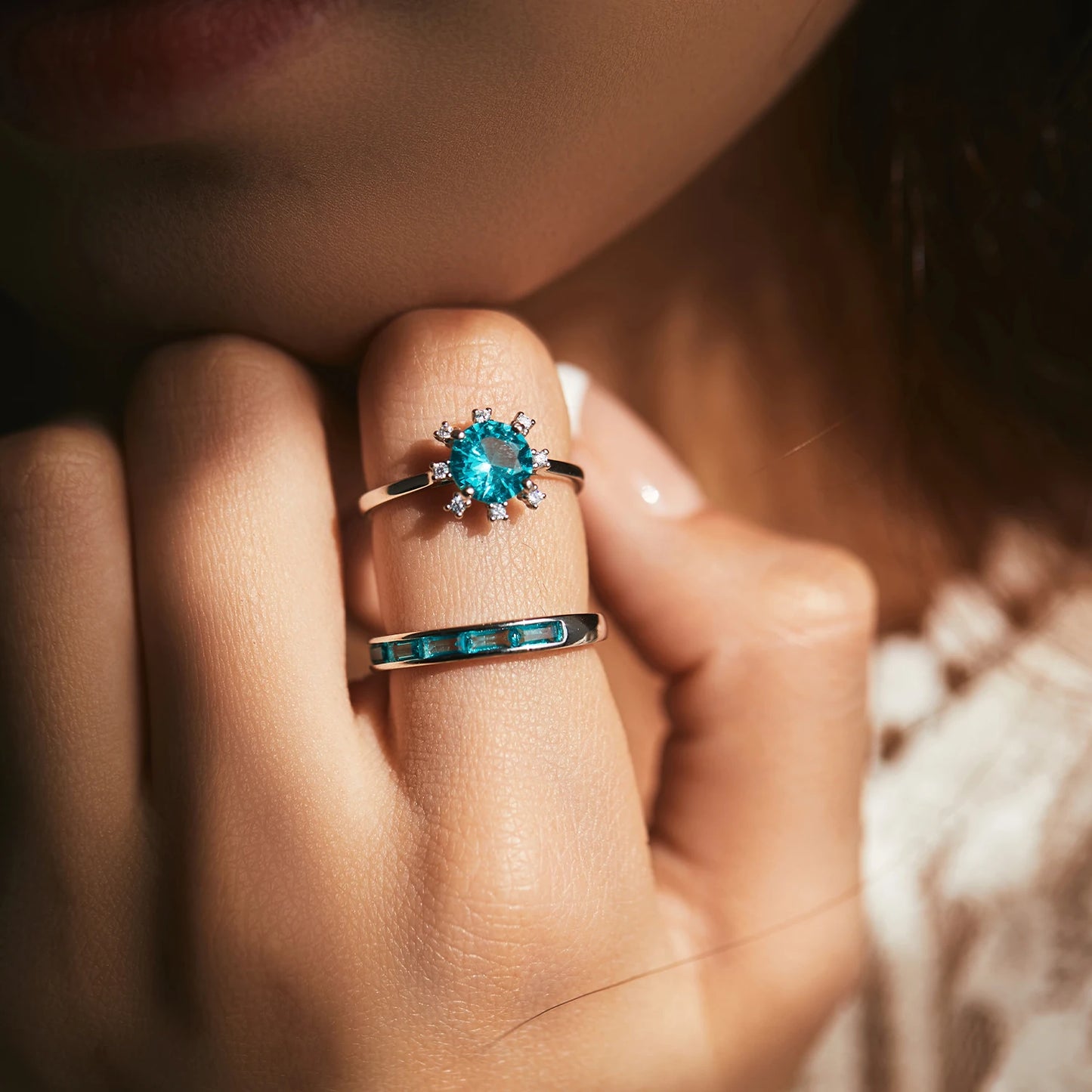 925 Sterling Silver Crown Ring with Paraiba Emerald-Cut Zircon