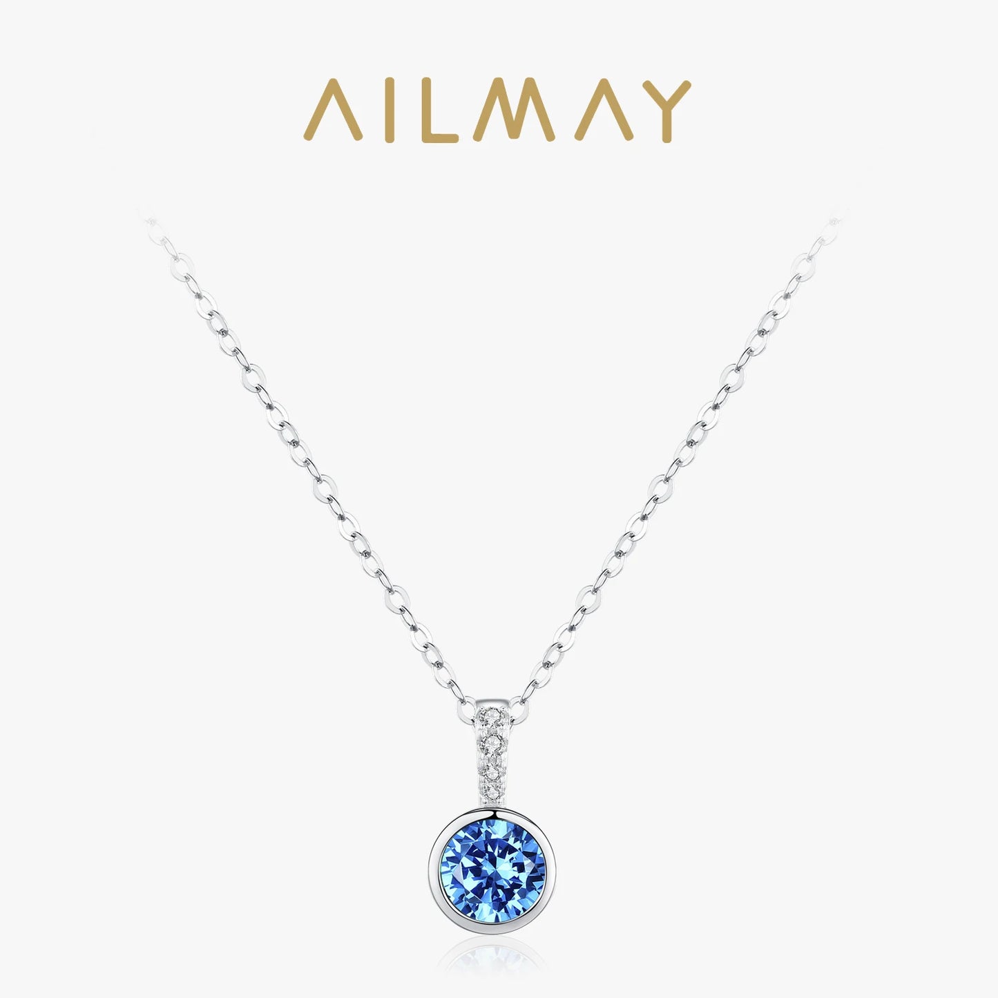 Ailmay 925 Sterling Silver Charm Blue Dazzling CZ Pendant Necklace Platinum Plated Necklace For Women Romantic Wedding Jewelry