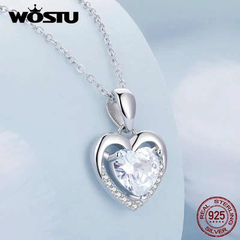 WOSTU 925 Sterling Silver Heart Blue Zircon White Zircon Necklace for Women Party Fine Jewelry Wedding Anniversary Date Gift